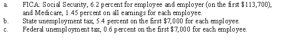 Ice Cold Storage has the following payroll information for the week ended November 20. State income tax is computed as 20 percent of federal income tax. Use page 77 for general journal.    Assumed tax rates are as follows:    Instructions: 1.Complete the payroll register. Payroll checks begin with Ck. No. 6307 in the payroll register. 2.Prepare a general journal entry to record the payroll as of November 20. The company's general ledger contains a Salary Expense account and a Salaries Payable account. 3.Prepare a general journal entry to record the payroll taxes as of November 20. 4.Journalize the entry to pay the payroll on November 22. (Assume that the company has transferred cash to the Cash-Payroll Bank Account for this payroll.)