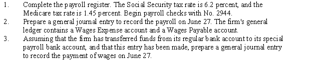 Alpine Homes has the following payroll information for the week ended June 27. State income tax is computed as 20 percent of federal income tax.    Taxable earnings for Social Security are based on the first $113,700. Taxable earnings for Medicare are based on all earnings. Taxable earnings for federal and state unemployment are based on the first $7,000. Employees are paid time-and-a-half for work in excess of 40 hours per week. Instructions:   