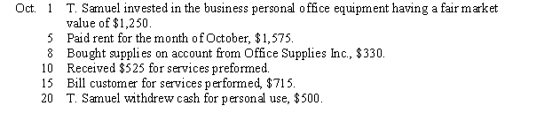 The chart of accounts for Samuel's Trucking Company is as follows:    Samuel's trucking Company completed the following transactions in October:    Instructions: Journalize the transactions for October using quality format on page 2 of the journal and post to appropriate ledger accounts.