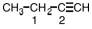 Indicate the hybridization on each of the carbon atoms designated by a number in the following molecule.   A) 1 - sp,2 - sp<sup>2</sup> B) 1 - sp<sup>3</sup>,2 - sp<sup>2</sup> C) 1 - sp<sup>2</sup>,2 - sp<sup>3</sup> D) 1 - sp<sup>3</sup>,2 - sp