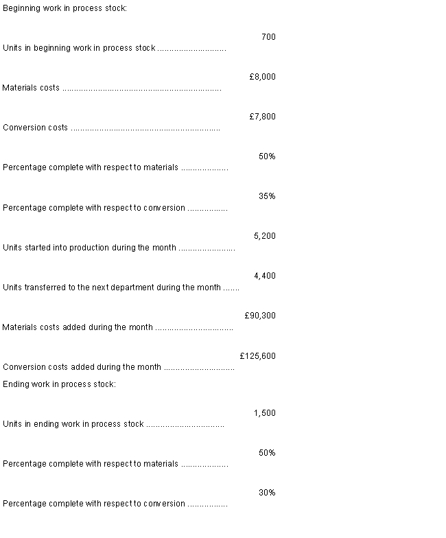Bradford Electronics uses the weighted-average method in its process costing system. Data concerning the first processing department for the most recent month is listed below:  - Note: Your answers may differ from those offered below due to rounding error. In all cases, select the answer that is the closest to the answer you computed. To reduce rounding error, carry out all computations to at least three decimal places. The cost per equivalent unit for materials for the month in the first processing department is closest to:  A) £16.66 B) £15.31 C) £17.53 D) £19.09 
