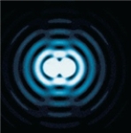 Fill in the blanks to produce a correct statement: The above computer model shows concentric circles, otherwise known as ________________, from ________ star(s) .   A) diffraction fringes, two B) blurring, two C) blurring, one D) diffraction fringes, one