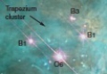   -The above visual wavelength image of the Trapezium cluster shows _________.  A) main sequence and protostars B) protostars and YSOs C) YSOs and ZAMS D) ZAMS and protostars