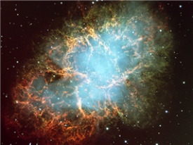 The image shows the Crab Nebula. The Crab Nebula is   A) a planetary nebula. B) a name for the cloud of gas and dust which later became our solar system. C) an ejected cloud of gas from a supernova. D) in the constellation Orion, containing many bright young blue stars.