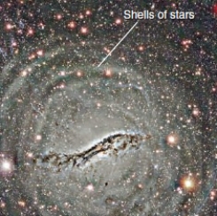   -The shells indicated in the enhanced visual wavelength image shown above are formed from _____________.  A) quasars B) mergers of galaxies C) tides D) spiral arms
