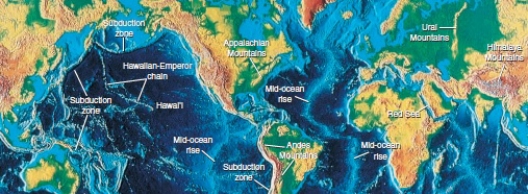 When plates spread apart and magma rises, what forms in the following labeled map of Earth   A) mountains B) seas C) mid-ocean rises D) subduction zones