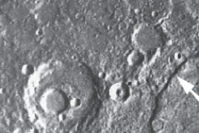 Is the large crater shown on the bottom left older or younger than the smooth, dark, circular crater in the upper right   A) older B) younger C) neither older nor younger, they are the same age D) cannot determine which is older or younger