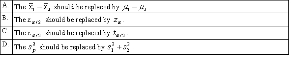 Assuming that all necessary conditions are met, what needs to be changed in the formula   so that we can use it to construct a confidence interval estimate for the difference of two population means when the population variances are assumed to be equal?  