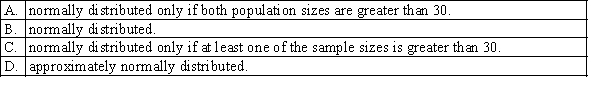 If two populations are not known to be normally distributed, the sampling distribution of the sample mean difference,   , will be:  <div style=padding-top: 35px> 