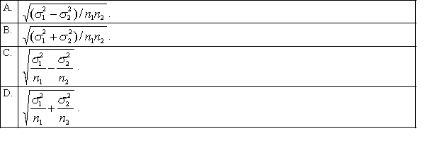 If two random samples of sizes   and   are selected independently from two populations with variances   and   , then the standard error of the sampling distribution of the sample mean difference,   , equals:  <div style=padding-top: 35px> 