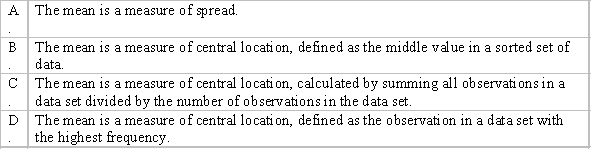 Which of the following statements best describes the mean of a data set?  <div style=padding-top: 35px> 