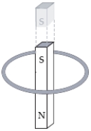A bar magnet is dropped from above and falls through the loop of wire shown below.The north pole of the bar magnet points downward towards the page as it falls.Which statement is correct?   A) The current in the loop always flows in a clockwise direction. B) The current in the loop always flows in a counterclockwise direction. C) The current in the loop flows first in a clockwise,then in a counterclockwise direction. D) The current in the loop flows first in a counterclockwise,then in a clockwise direction. E) No current flows in the loop because both ends of the magnet move through the loop.