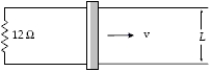 A rod (length = 10 cm) moves on two horizontal frictionless conducting rails,as shown.The magnetic field in the region is directed perpendicularly to the plane of the rails and is uniform and constant.If a constant force of 0.60 N moves the bar at a constant velocity of 2.0 m/s,what is the current through the 12- \Omega  load resistor?   A) 0.32 A B) 0.34 A C) 0.37 A D) 0.39 A E) 0.43 A 