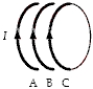 A solenoid consists of 100 circular turns of copper wire.Parts of three turns,A,B and C,are shown below.   When a current flows through the coil, A) both A and C are repelled by B. B) A is attracted to B;C is repelled by B. C) neither A nor C is attracted to or repelled by B. D) A is repelled by B;C is attracted to B. E) both A and C are attracted to B.