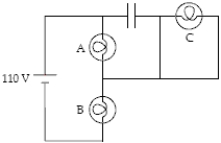 The circuit below contains 3 100-W light bulbs and a capacitor.The emf is 110 V.Which light bulb(s) is(are) brightest? (Assume the capacitor is fully charged. )    A) A B) B C) C D) A and B E) All three are equally bright.