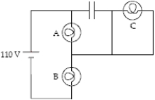 Which of the identical light bulb(s) is(are) brightest when the capacitor has half its maximum charge?   A) A B) B C) C D) A and B E) All three are equally bright.
