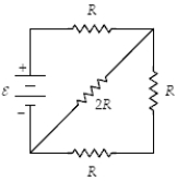  At what rate is thermal energy being generated in the 2R-resistor when  \varepsilon  = 12 V and R = 3.0   \Omega ?   A) 12 W B) 24 W C) 6.0 W D) 3.0 W E) 1.5 W 