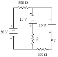 Determine the magnitude and sense (direction) of the current in the 500-  \Omega resistor when I = 30 mA.   A) 56 mA left to right B) 56 mA right to left C) 48 mA left to right D) 48 mA right to left E) 26 mA left to right 