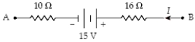 What is the potential difference V<sub>B</sub> - V<sub>A </sub>when I = 0.50 A in the circuit segment shown below?   A) +28 V B) +2.0 V C) -28 V D) -2.0 V E) +18 V