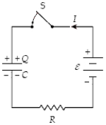  At t = 0 the switch S is closed with the capacitor uncharged.If C = 40  \mu F, \varepsilon  = 50 V,and R = 5.0 k \Omega ,how much energy is stored by the capacitor when I = 2.0 mA?   A) 20 mJ B) 28 mJ C) 32 mJ D) 36 mJ E) 40 mJ 