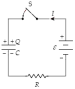  At t = 0 the switch S is closed with the capacitor uncharged.If C = 30  \mu F, \varepsilon  = 50 V,and R = 10 k \Omega ,what is the potential difference across the capacitor when I = 2.0 mA?   A) 20 V B) 15 V C) 25 V D) 30 V E) 45 V 