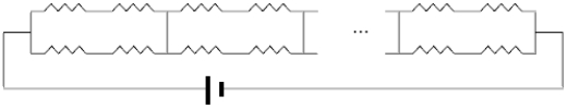  A circuit consists of N resistors,all of resistance R,connected as shown below.A potential difference V is applied to the circuit.The equivalent resistance of the circuit is   A)   \frac { R } { 4 }  . B) R. C)   \frac { N R } { 4 }  . D) NR. E) 4NR. 