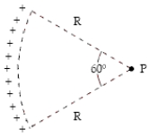 Charge of uniform density (3.5 nC/m) is distributed along the circular arc shown.Determine the electric potential (relative to zero at infinity) at point P.   A) 61 V B) 42 V C) 52 V D) 33 V E) 22 V