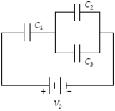  Determine the charge stored by C<sub>1</sub> when C<sub>1</sub> = 20  \mu F,C<sub>2</sub> = 10  \mu F,C<sub>3</sub> = 30  \mu F,and V<sub>0</sub> = 18 V.   A) 0.37 mC B) 0.24 mC C) 0.32 mC D) 0.40 mC E) 0.50 mC 