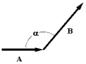  If  \overrightarrow { \mathrm { A } }  = 10,  \vec { B }  = 15,and  \alpha  = 130 \degree ,determine the scalar product of the two vectors shown.   A) +96 B) -96 C) +51 D) -51 E) -35 