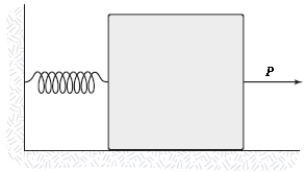 A 12-kg block on a horizontal frictionless surface is attached to a light spring (force constant = 0.80 kN/m) .The block is initially at rest at its equilibrium position when a force (magnitude P = 80 N) acting parallel to the surface is applied to the block,as shown.What is the speed of the block when it is 13 cm from its equilibrium position?   A) 0.78 m/s B) 0.81 m/s C) 0.71 m/s D) 0.58 m/s E) 0.64 m/s