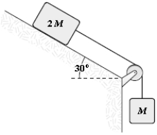 In the figure shown,the coefficient of kinetic friction between the block and the incline is 0.29.What is the magnitude of the acceleration of the suspended block as it falls? Disregard any pulley mass or friction in the pulley.   A) 5.4 m/s<sup>2</sup> B) 5.2 m/s<sup>2</sup> C) 4.9 m/s<sup>2</sup> D) 5.6 m/s<sup>2</sup> E) 7.9 m/s<sup>2</sup>