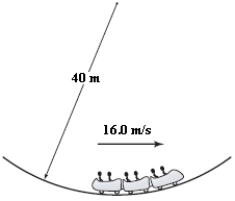 A roller-coaster car has a mass of 500 kg when fully loaded with passengers.At the bottom of a circular dip of radius 40 m (as shown in the figure) the car has a speed of 16 m/s.What is the magnitude of the force of the track on the car at the bottom of the dip?   A) 3.2 kN B) 8.1 kN C) 4.9 kN D) 1.7 kN E) 5.3 kN