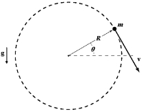  An object attached to the end of a string swings in a vertical circle (R = 1.2 m) ,as shown.At an instant when  \theta   = 30 \degree ,the speed of the object is 5.1 m/s and the tension in the string has a magnitude of 20 N.What is the mass of the object?   A) 2.0 kg B) 1.5 kg C) 1.8 kg D) 1.2 kg E) 0.80 kg 