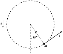  A 4.0-kg mass attached to the end of a string swings in a vertical circle of radius 2.0 m.When the string makes an angle of 35 \degree  with the vertical as shown,the speed of the mass is 5.0 m/s.At this instant what is the magnitude of the force the string exerts on the mass?   A) 50 N B) 82 N C) 89 N D) 11 N E) 61 N 