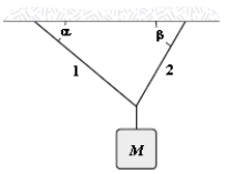 If  \alpha  = 40 \degree , \beta  = 60 \degree ,and M = 4.0 kg,determine the tension in string 1.   A) 15 N B) 22 N C) 17 N D) 20 N E) 36 N 