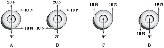 The diagrams below show forces applied to a wheel that weighs 20 N.The symbol W stands for the weight.In which diagram(s) is(are) the wheel in equilibrium?   A) A B) B C) C D) D E) A and C