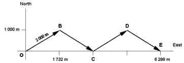 Exhibit 3-4   The diagram below shows the path taken by a sailboat tacking sideways because it cannot sail directly into the wind.  Use this exhibit to answer the following question(s) . -Refer to Exhibit 3-4.The total displacement of the sailboat,the vector sum of its displacements OB,BC,CD and DE,is A) 1 732 m,East. B) 2 000 m,Northeast. C) 6 298 m,East. D) 8 000 m,Southeast. E) 8 000 m,East.