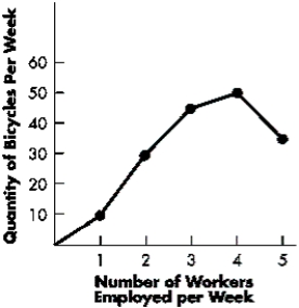 Figure 6-A   -Refer to Figure 6-A.What is the marginal product of the fifth worker hired each week? A) zero bicycles B) 10 bicycles C) 15 bicycles D) -15 bicycles E) -20 bicycles