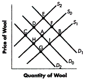 <strong>FIGURE 4-3   Refer to Figure 4-3.Starting with initial curves D₀ and S₀,which movement is consistent with a decrease in the price of cotton (a substitute)?</strong> A)from Point A to Point D B)from Point A to Point H C)from Point A to Point B D)from Point A to Point F <div style=padding-top: 35px> 
