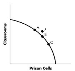 FIGURE 2-6    -Refer to Figure 2-6. If the economy moves from Point C to Point A, what is the result? A)  There is no net change in the number of prison cells and classrooms, as all points on the frontier are equally efficient. B)  More prison cells are created. C)  It sacrifices an increasing quantity of classrooms per prison cell produced the further the movement toward Point A. D)  More classrooms are created.
