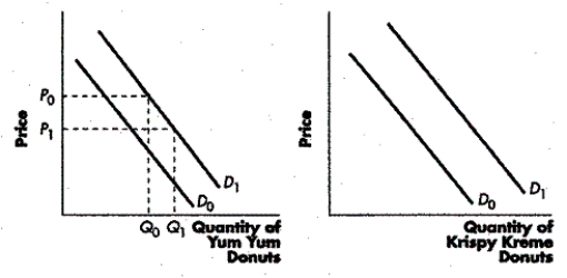 FIGURE 3-2    -Refer to Figure 3-2. Two donut chains in your town are battling for customers. The manager of the Yum Yum Donut Shop, facing demand curve D₁, has changed donut prices from P₀ to P₁. What do the customers do as a result? A)  They increase purchases at Yum Yum to Q1. B)  They buy the same quantity of Yum Yum donuts as before the price change. C)  They decrease demand to D0. D)  They decrease purchases at Yum Yum to Q0.
