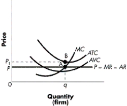 FIGURE 8-6    -Refer to Figure 8-6. If P represents the market price for a price-taking firm, what is the best course of action in the short run for the firm? A)  Shut down immediately. B)  Continue operating because average total cost exceeds price. C)  Continue operating because average variable cost exceeds price. D)  Continue operating because price exceeds average variable cost.