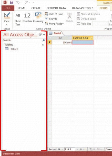   -In the accompanying figure, the red brackets designate which element of the Access 2013 window? A)  Navigation Pane B)  Shutter Bar Open/Close button C)  Navigation Bar D)  datasheet window