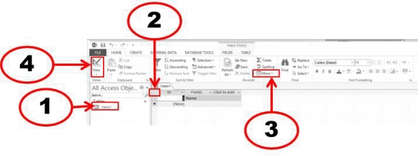   -In the accompanying figure, which number corresponds to the datasheet selector which selects all records in a table? A)  1 B)  2 C)  3 D)  4