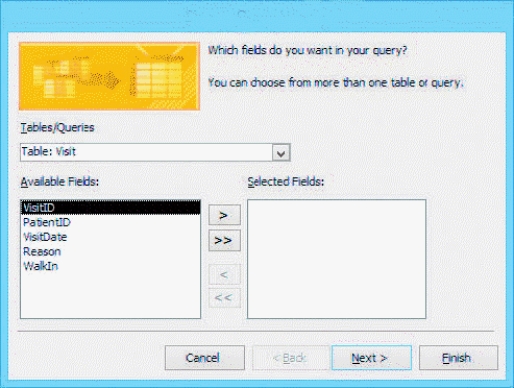   -The accompanying figure shows the first dialog box for the ____ Wizard. A)  Simple Form B)  Simple Report C)  Simple Query D)  Simple Table