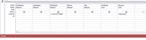   -Based on the criterion for the BirthDate field in the image above, the query will return all patients with a birth date ____. A)  on or after 12/31/1956 B)  after 12/31/1956 C)  before 12/31/1956 D)  on or before 12/31/1956