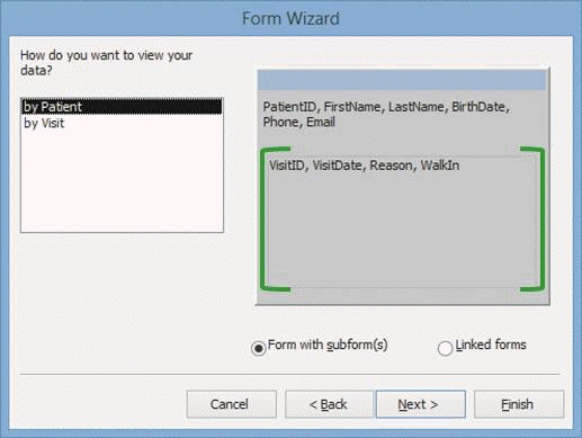   -In the accompanying figure, the fields indicated by the green brackets are fields to be included in the ____. A)  subform B)  main form C)  related table D)  primary table