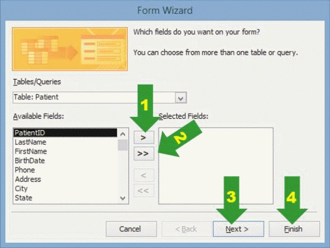   -In the accompanying figure, which numbered arrow corresponds to the button which, when clicked, moves all Available Fields to the Selected Fields box? A)  1 B)  2 C)  3 D)  4