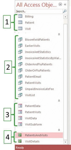   -In the accompanying figure, which Access database object is represented by the icons and titles shown in bracket number 4? A)  Tables B)  Queries C)  Reports D)  Forms