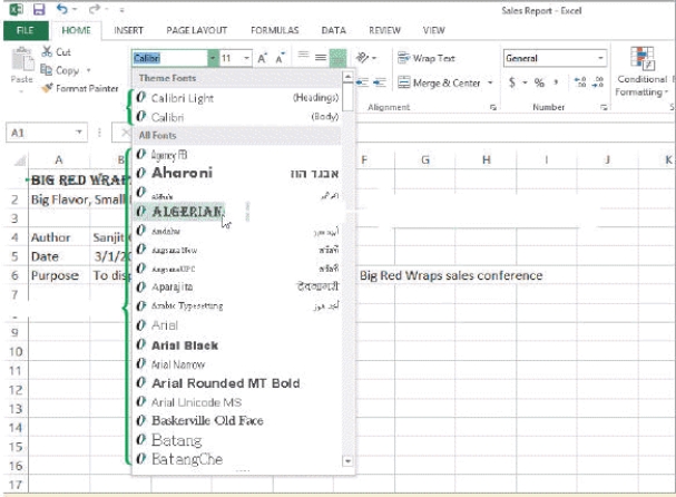 <strong> In the accompanying figure, the font in Live Preview is _____.</strong> A) Algerian B) Calibri C) Arial D) Calibri Light